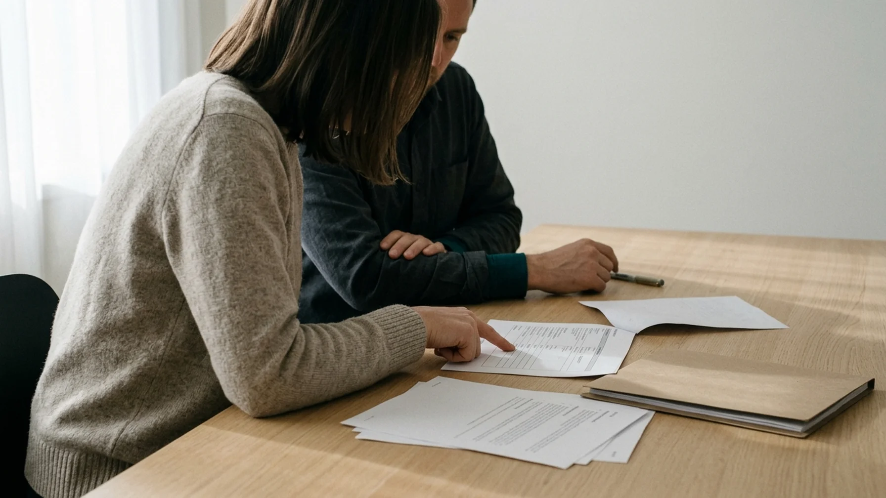 Two people at a table comparing printed vendor specifications side by side, one pointing at a page, natural daylight in a plain meeting room