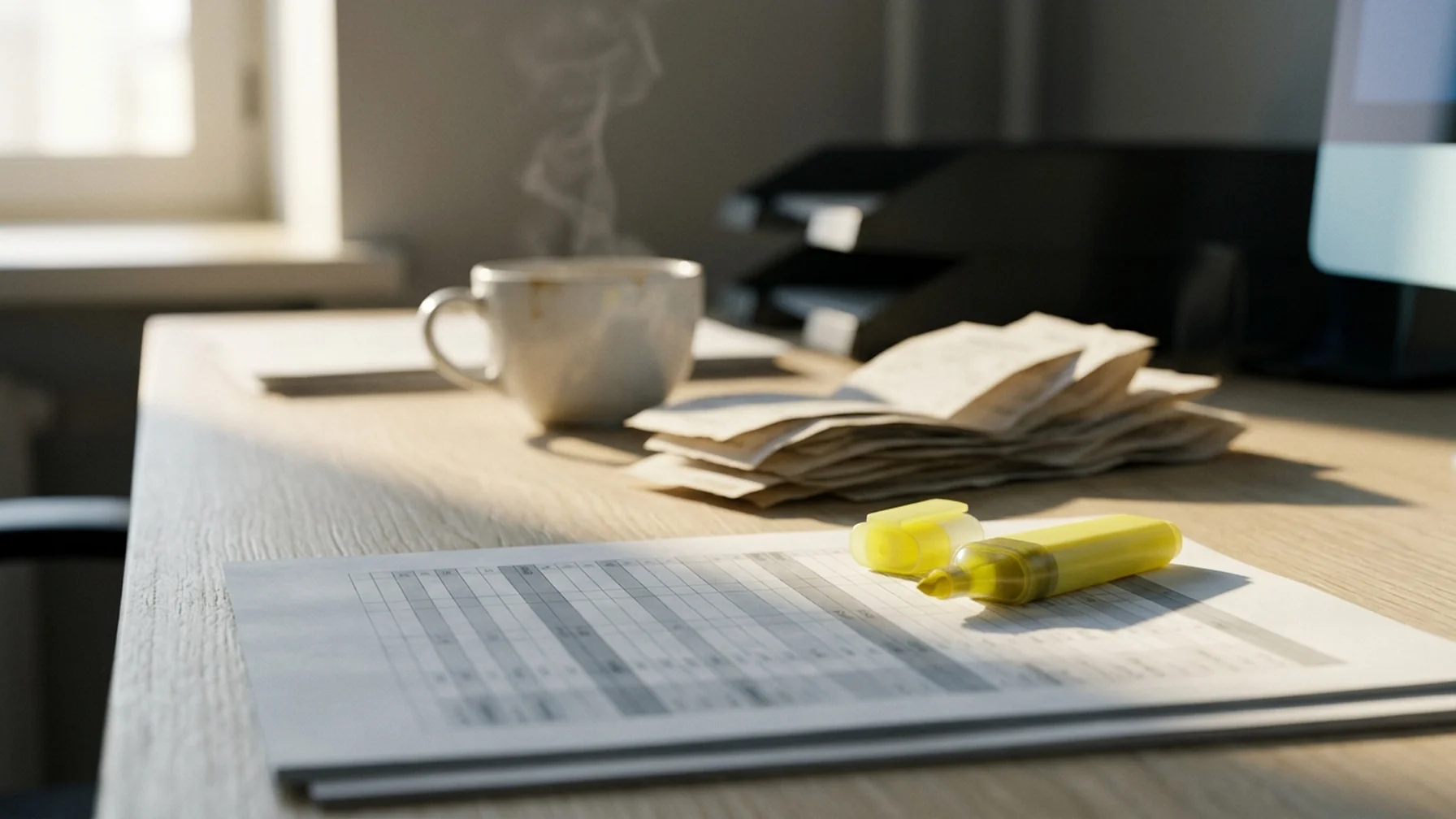 An accountant's desk with a spreadsheet printout, a highlighter and a stack of receipts, daylight from a nearby window