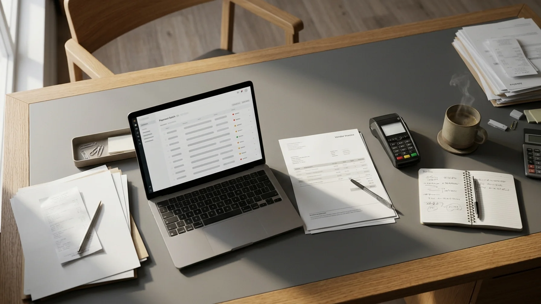 A finance operations desk at midday: a laptop showing a payment batch list, a printed vendor invoice, a card terminal and a coffee cup, with daylight falling across the paperwork.